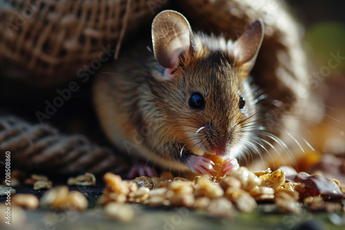 A little mouse eats yellow grains while sitting in a torn burlap bag