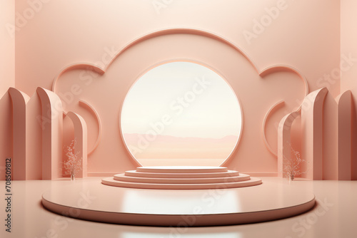 Peach color podium with round window in background, stand to show cosmetic products. Minimal abstract stage with platform in studio. Concept of display, scene, pedestal, beauty