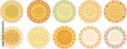 Set of various bible verses in English decorated with folk round frame. Isolated vector elements. Use for holidays,events,decorations;printables,wall art decor