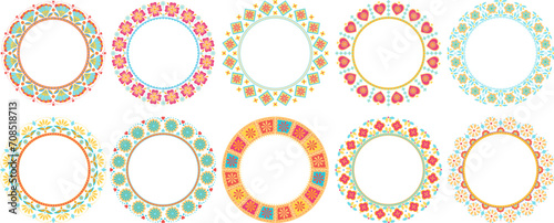 Collection of round frames in folkloric style. Vector separate elements. Use for easter holidays,invitations,postcards,greeting