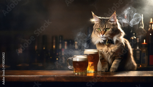 bartender cat serving beer and whiskey at the counter of a bar