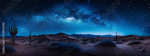 A wide landscape of desert under a starlit night sky. Night landscape of desert with sky full of stars Generated by ai