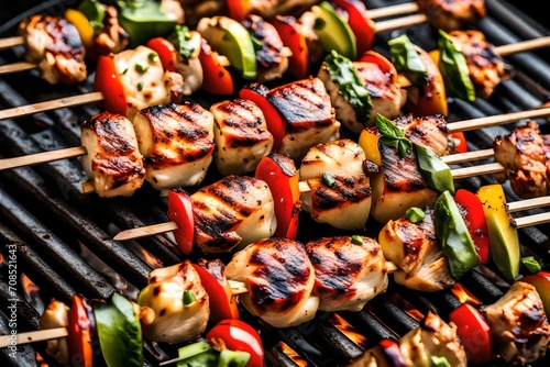 A close-up of a grilling pan with marinated chicken skewers, showcasing grill marks and juicy tenderness.