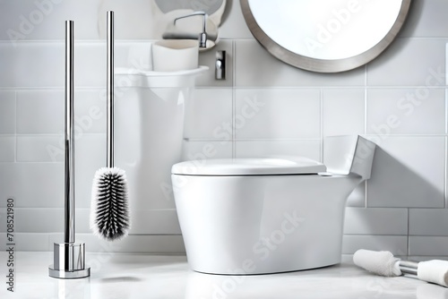 A pristine toilet brush and holder against a clean and modern bathroom backdrop.