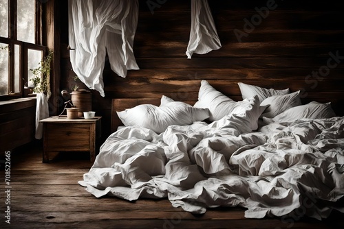 Crumpled cotton sheets on a rustic wooden bed, capturing the essence of a lazy Sunday morning.