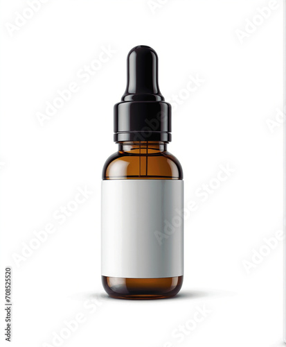 A dropper glass bottle in brown with an empty white label, ideal for advertising cosmetics and skincare products. Mockup for skincare concepts