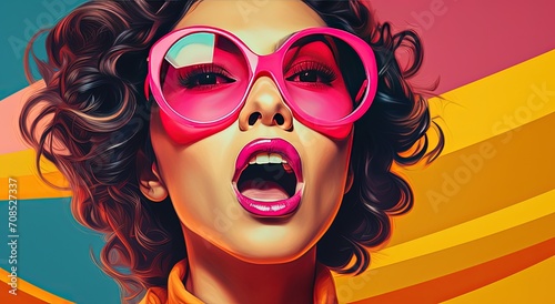 Young woman with dark curly hair and pink glasses shouting. Pop art style background or commercial