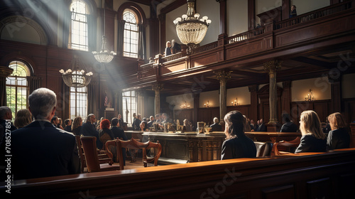 Courtroom Scene with Attentive Audience, classic courtroom environment captured in warm light with an attentive audience focused on the legal proceedings