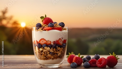 Parfait glass filled with granola yogurt and fresh fruits against morning sunrise, background image, generative AI