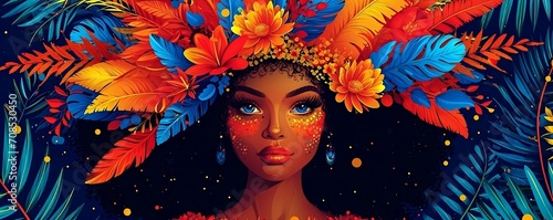 Celebrate the vibrant spirit of Brazil Carnival with this flat, bright illustration featuring a Latin woman in traditional costume. Perfect for banners, flyers, or posters with customizable text space