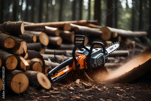 An HD photograph of a well-maintained chainsaw in use, cutting through a dense pile of logs in a forest setting.
