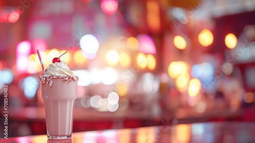 Festive Cherry-Topped Milkshake in a Diner with Vibrant Bokeh Background, Horizontal Poster or Sign with Open Empty Copy Space for Text 