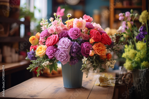 A vibrant bouquet of fresh flowers in a florist shop, showcasing their beauty and the variety of colors