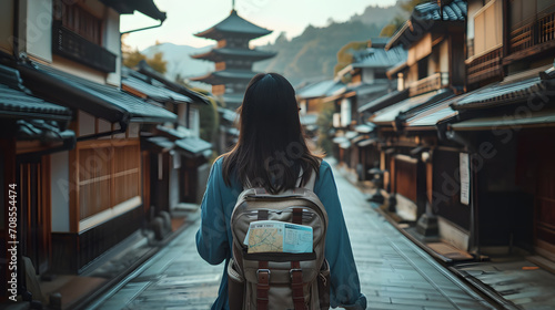 Asian female tourist walking on the road into Kyoto city, Japanese pagoda, Japanese style house, backpack, map in hand, long black hair bang, high angle view from behind.