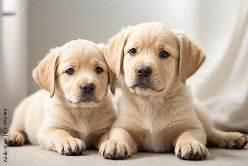 Cachorros labrador retriever, echados, sobre fondo blanco