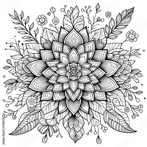 Floral Mandala Coloring Page. Generative Ai