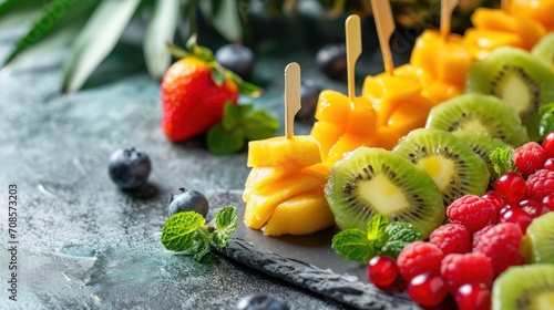 Tropical fruits canapes on grey plank. Table mats design concept.