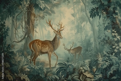 wallpaper forest with animals - old drawing vintage