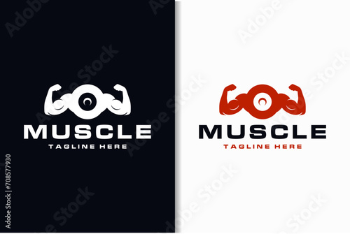 dumbbell logo with hand muscle shape design combination
