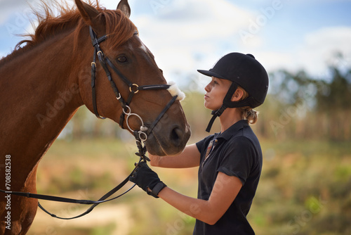 Woman, care and horse in nature with adventure for bonding, summer and relax on farm, ranch and countryside. Animal, pet and person feeling stallion for freedom, equestrian and vacation with peace