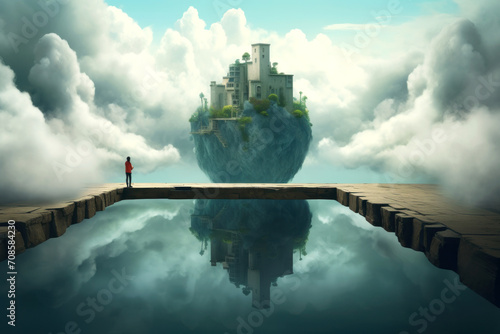 Surreal landscape with a flying piece of land and a house on it. A man in red clothes stands on a stone parapet and looks on a floating building. Generative AI.