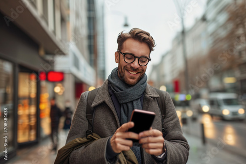 hombre maduro mirando y sosteniendo un teléfono móvil entre sus manos, vistiendo abrigo y bufanda, sobre fondo desenfocado de una ciudad al atardecer