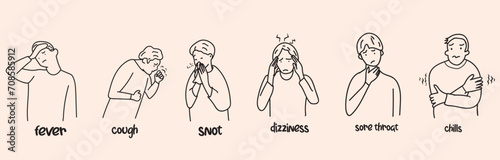 Illness vector icon set. Illness hand drawing vector illustration. Fever, cough, snot, dizziness, sore throat, chills