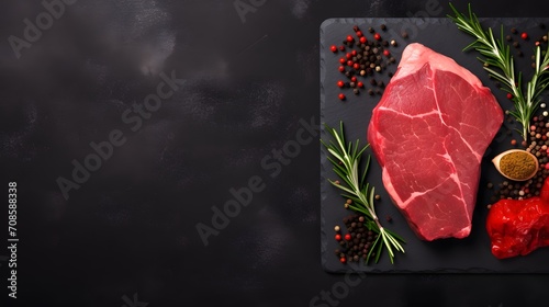 Raw beef meat on slate black plate. Top view flat lay with copy space