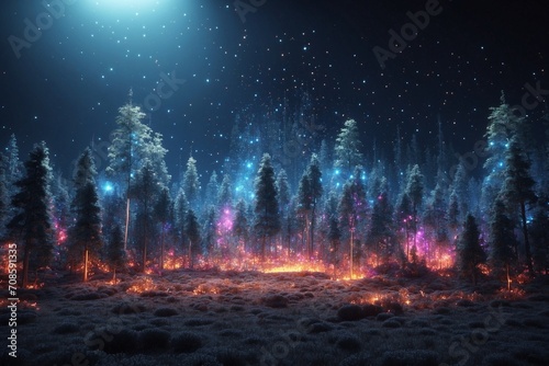 abstract Glowing particle Sparkles on alien planet landscape forest 3d rendering