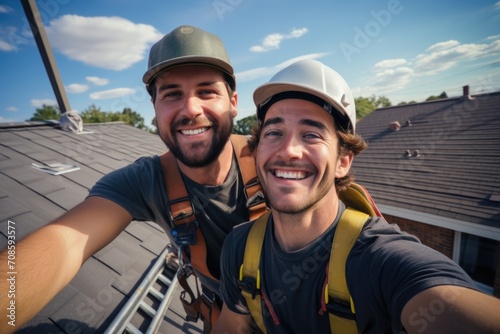 Young male workers taking a selfie on the roof