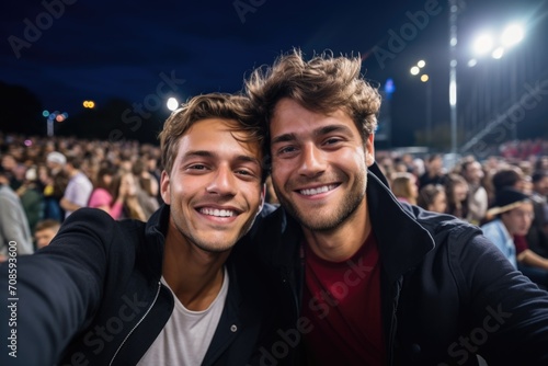 Smiling male gay couple taking a selfie at a concert