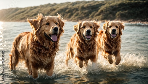 three fluffy golden retrievers frolicking in the crystal clear ocean waves, their tails wagging with pure joy and their wet fur glistening in the warm sunlight