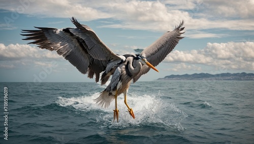 With its wings spread, a beautiful great heron soars above the immense expanse of the ocean.