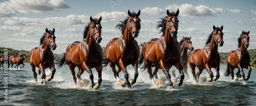Riding across the glistening waters in a magnificent herd of American Quarter horses, with their supple coats revealing their powerful muscles