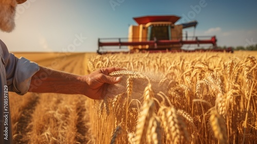 Harvesting. A male farm worker touches the ears of wheat to make sure that the crop is in good condition. Agribusiness, agriculture, farm, food concepts.