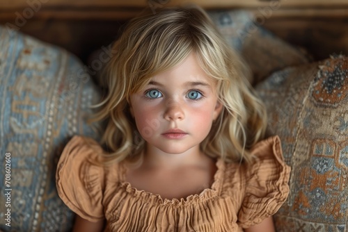 Thoughtful Child with Blue Eyes. Close-up of a contemplative young girl with striking blue eyes, indoors with a neutral backdrop.
