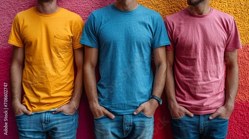 Colorful isolated T-shirts with a mockup featuring both front and back views. The preview is enhanced using generative AI for a dynamic presentation. 