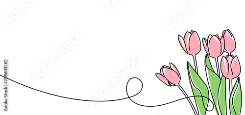 Continuous one line drawing of beautiful spring flowers graphic design. Single line art illustration bouquet of pink tulips on transparent background