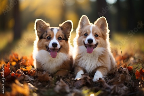 Two corgis with their tongues sticking out lie in the park on the grass.