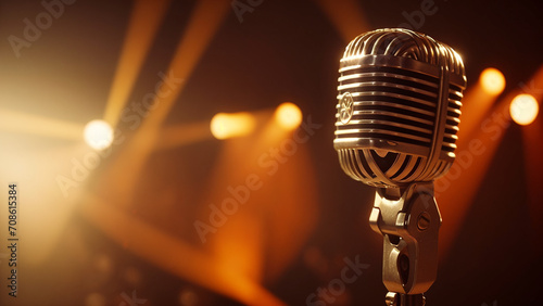 microphone on a stage with lights in the background