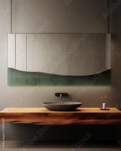 Minimalist bathroom interior. Unic mirror and wooden floating desk with a sink against gray wall. Green and brown