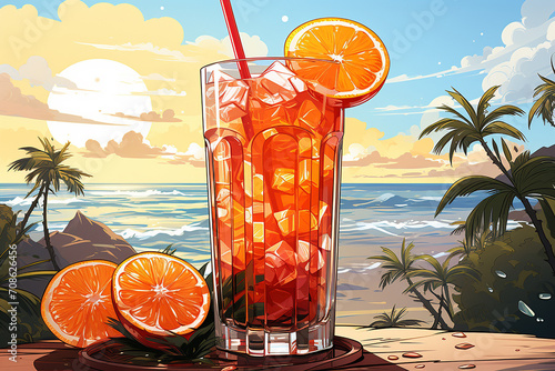 Southern iced tea illustration blue checkered background, lemon slices, ice, delicious, straw