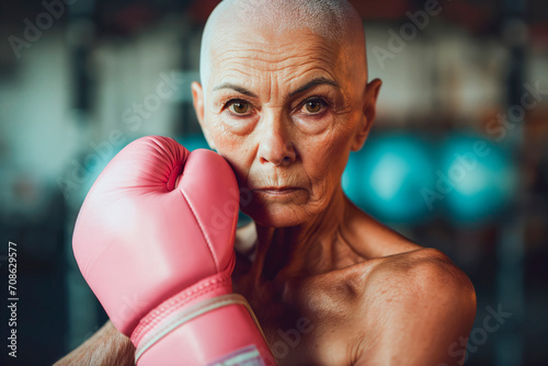 Older woman with pink boxing glove ready to fight against breast cancer, selective focus