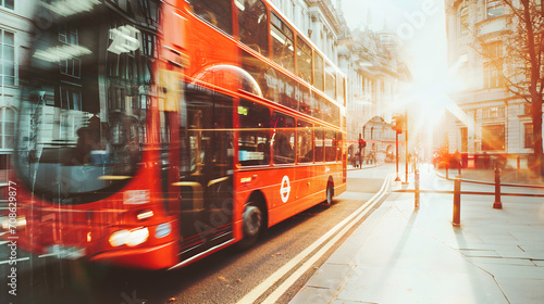 London Red Bus in middle of city street in light of lanterns. Double exposure effect. Banner