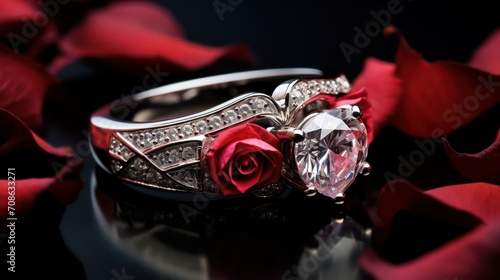 Wedding rings with red rose petals on black background