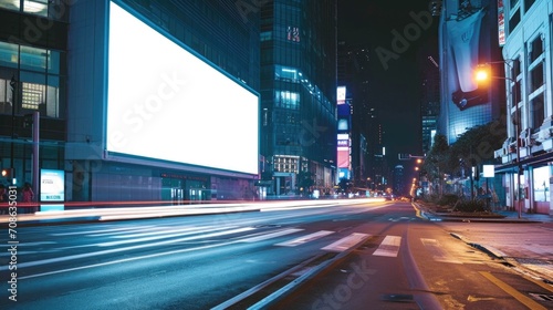 Blank glowing white advertising banner on a night city street, mockup. Large billboard on a modern building, intersection with neon lights, slow motion, copy space