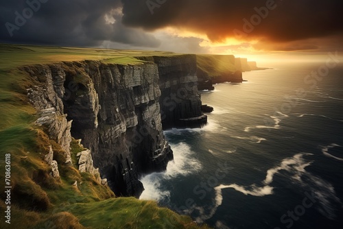 Coastal cliffs meeting the sea under a dynamic sky, an awe inspiring natural view