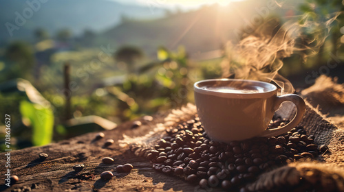 Hot coffee cup with organic coffee beans on the wooden table and the plantations background with