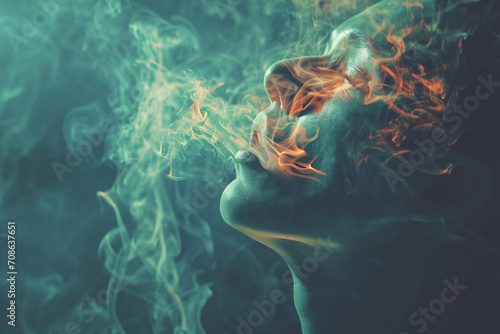 A person exhaling smoke, smoking concept
