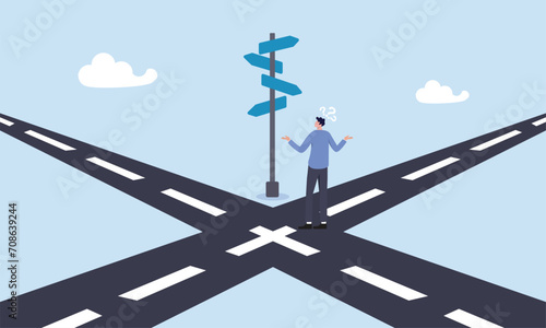 Confused businessman at the crossroads thinking way to go, business crossroads, finding solution or direction for success, confusion or what next challenge, opportunity choice or alternative concept.